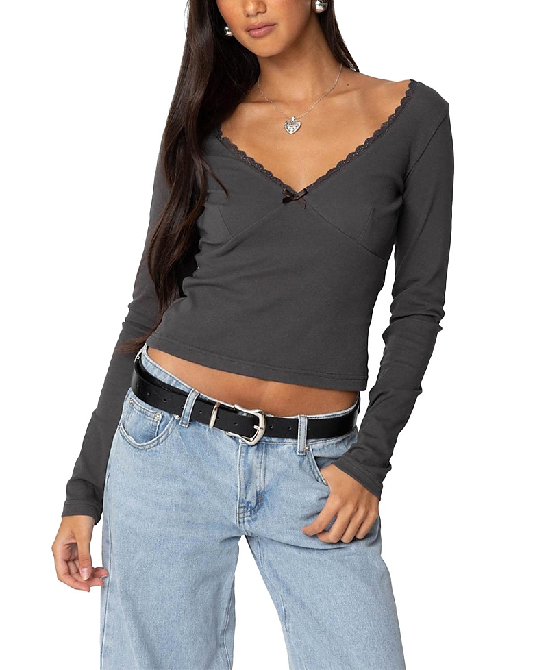 Edikted Adrienne Lace Trim Long Sleeve Jersey Top In Dark Gray