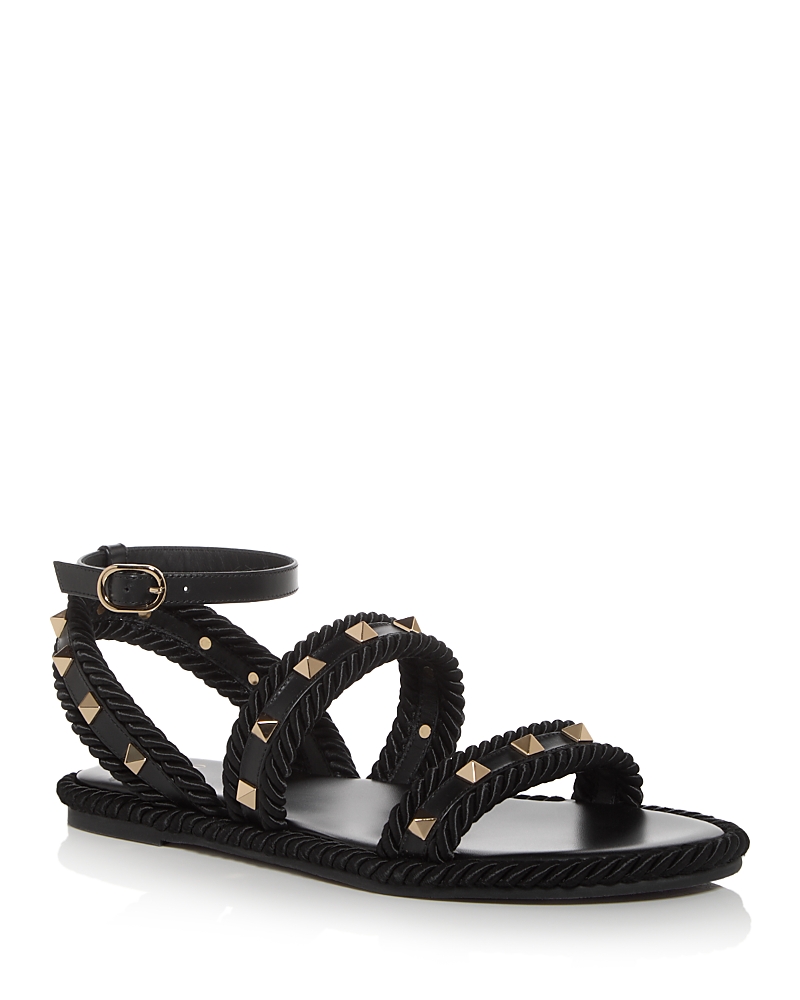 Valentino Torchon Rope-trimmed Studded Leather Sandals In Black