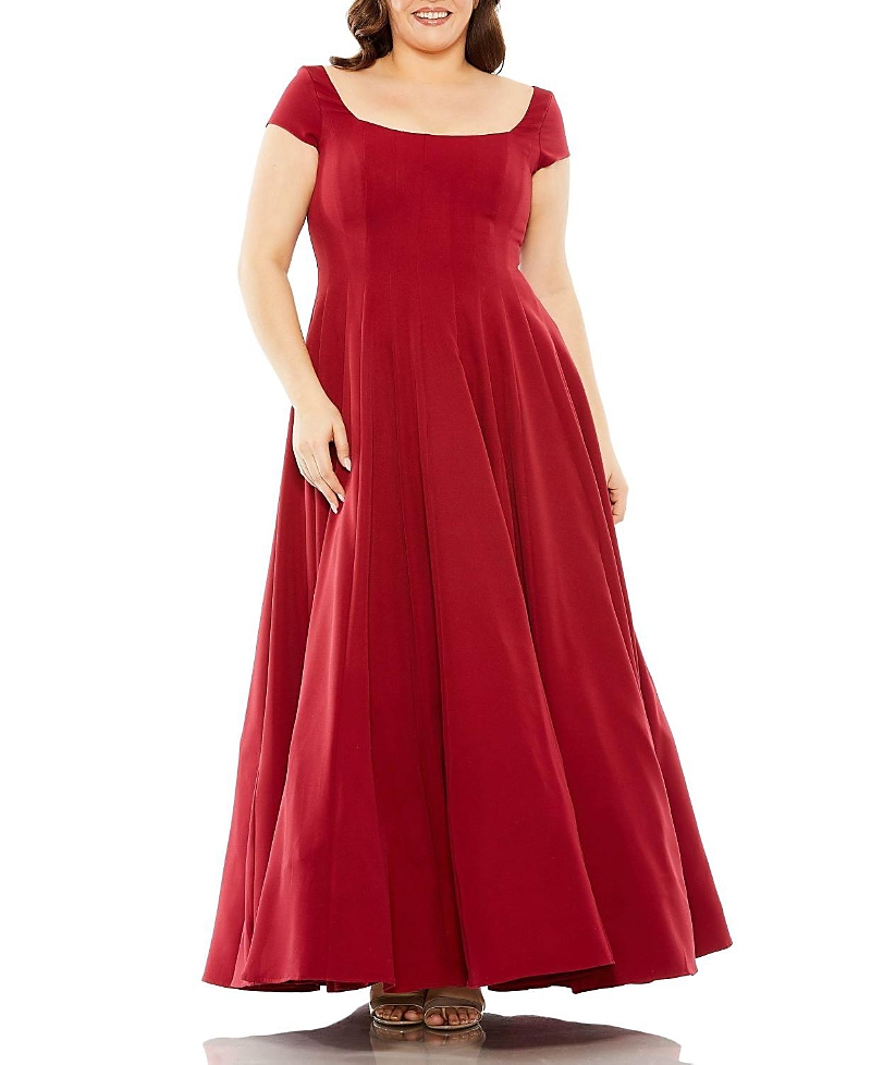 Mac Duggal Structured Ball Gown With Square Neck And Cap Sleeves In Wine