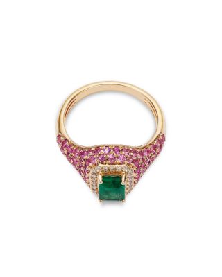 Emerald, Pink Sapphire & Diamond Pinky Ring in 14K Yellow Gold 