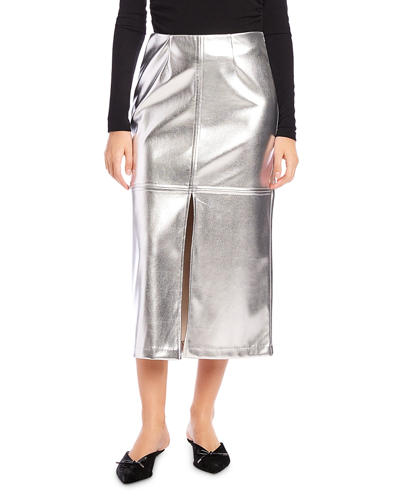 Fifteen Twenty Kaia Faux Leather Front Slit Midi Skirt In Silver In Silver