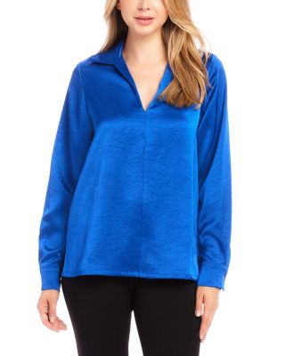 Karen Kane - Collared Long Sleeve Satin Blouse