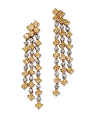 Bloomingdale's Fine Collection White & Yellow Diamond Cushion & Round Fringe Drop Earrings in 18K White & Yellow Gold, 7.89 ct. t. w.