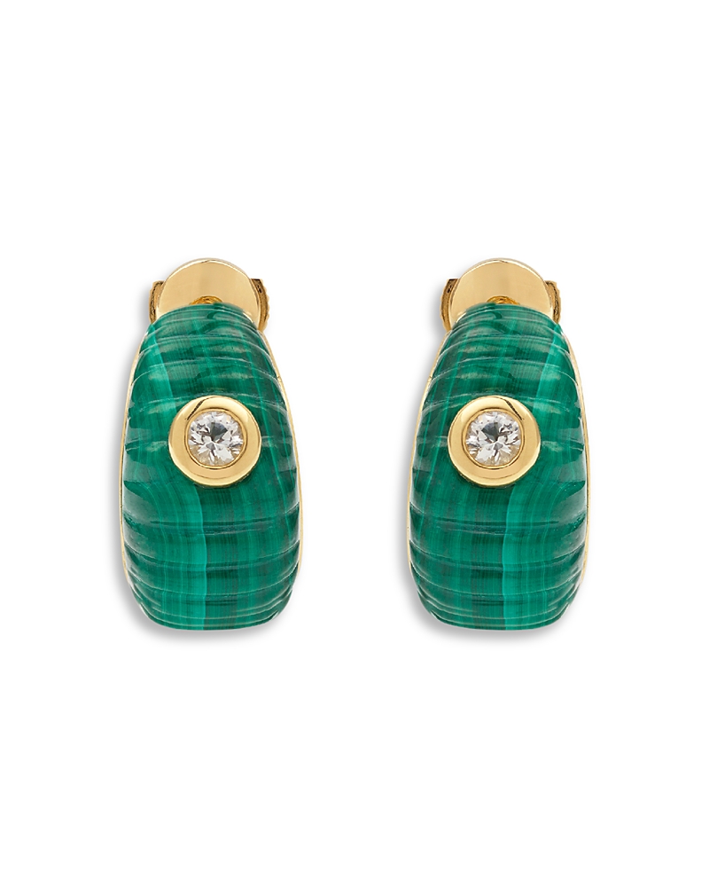 Yvonne Léon 9k Yellow Gold Paire De Creoles Berlingot Malachite & White Topaz Hoop Earrings In Yellow Gold
