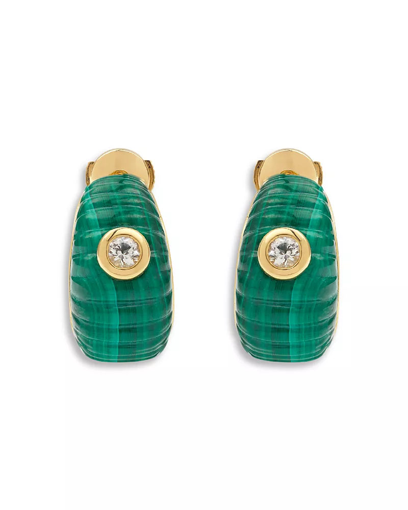 Yvonne Leon 9K Yellow Gold Paire de Creoles Berlingot Malachite & White Topaz Hoop Earrings