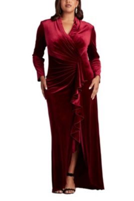 Plus Markum Long-Sleeve Velvet Flounce Gown