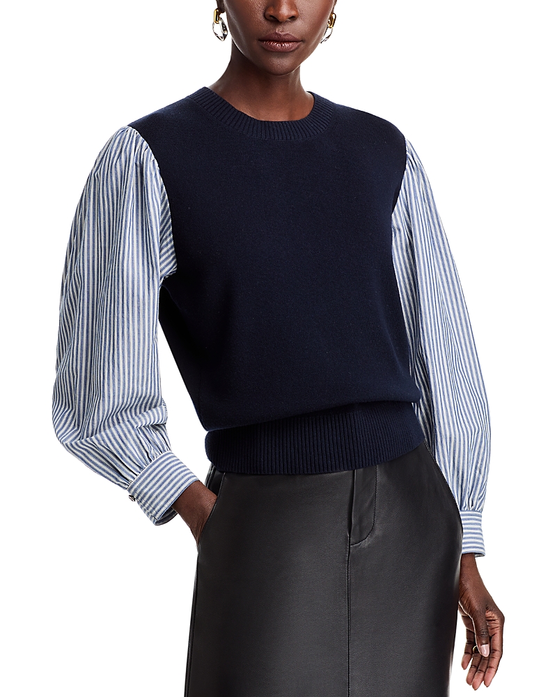 Vanessa Bruno Striped-sleeve Mixed Media Blouse In Marine