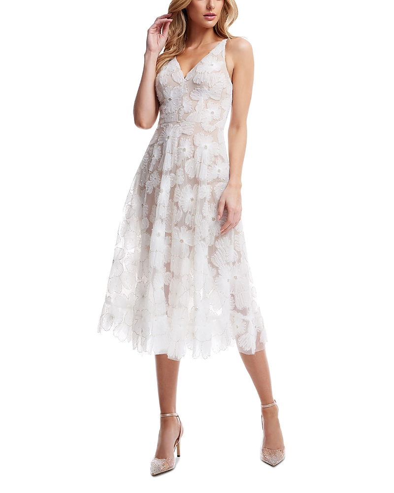 Dress The Population Blair Beaded Floral Cocktail Midi Dress In White