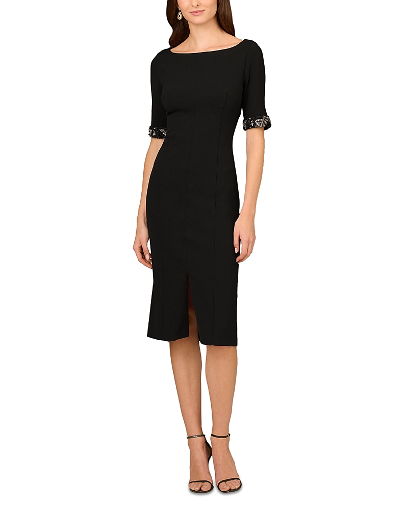 Aidan Mattox By Adrianna Papell Beaded Sleeve Stretch Crepe Cocktail Midi Dress In Black