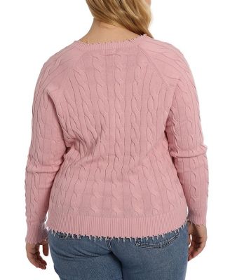 Plus size Cotton Frayed Cable Long Sleeve V Neck Sweater Top
