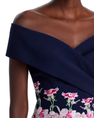 Crepe Off-the-Shoulder Embroidered Tulle Dress