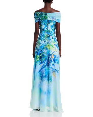 Chiffon Criss Cross Off-the-Shoulder Leaf Print Gown