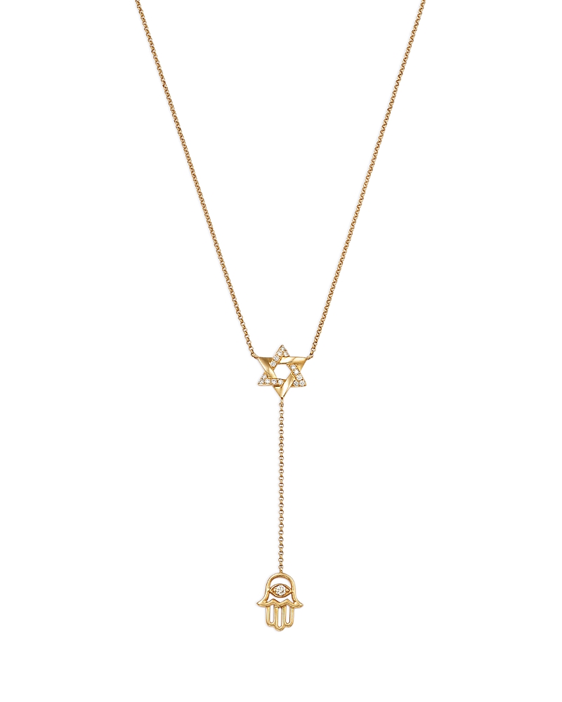 Bloomingdale's Fine Collection Diamond Star Of David & Hamsa Hand Lariat Necklace In 14k Yellow Gold, 0.15 Ct. T. W. In Gold