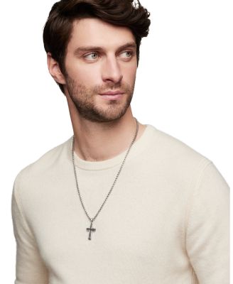 Men's Deco Cross Pendant in Sterling Silver with Black Diamonds, 34mm