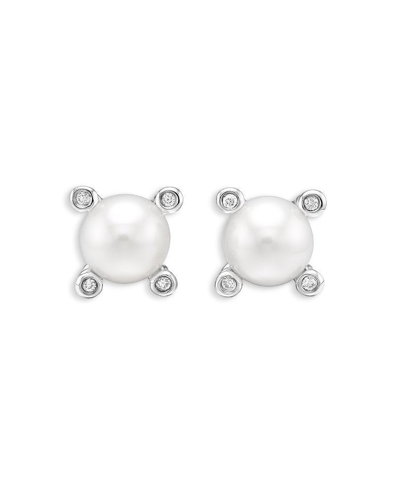 Pearl Stud Earrings in Sterling Silver with Pearls and Diamonds, 7.4mm