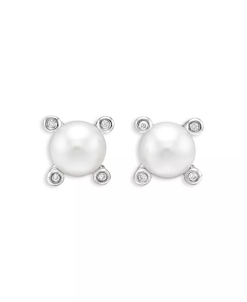 Pearl Stud Earrings in Sterling Silver with Pearls and Diamonds, 7.4mm