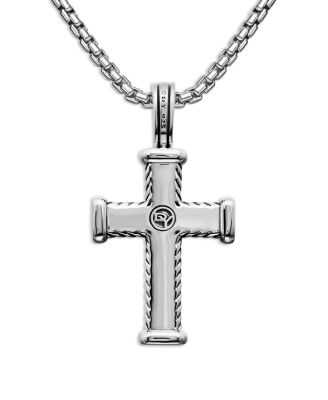 Men&#39;s Chevron Cross Pendant in Sterling Silver with Black Diamonds, 33.5mm