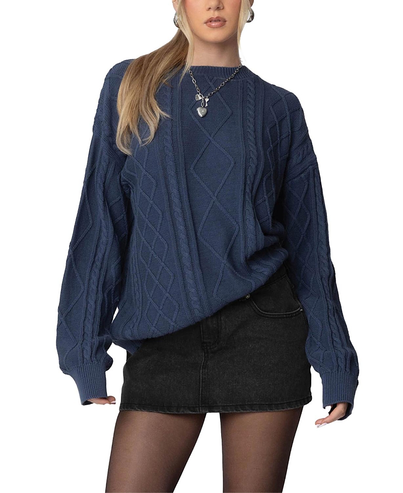 Shop Edikted Jessy Cable Knit Oversized Sweater In Blue