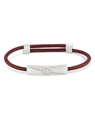 Gucci Sterling Silver Gucci Tag Leather & Logo Bar Slide