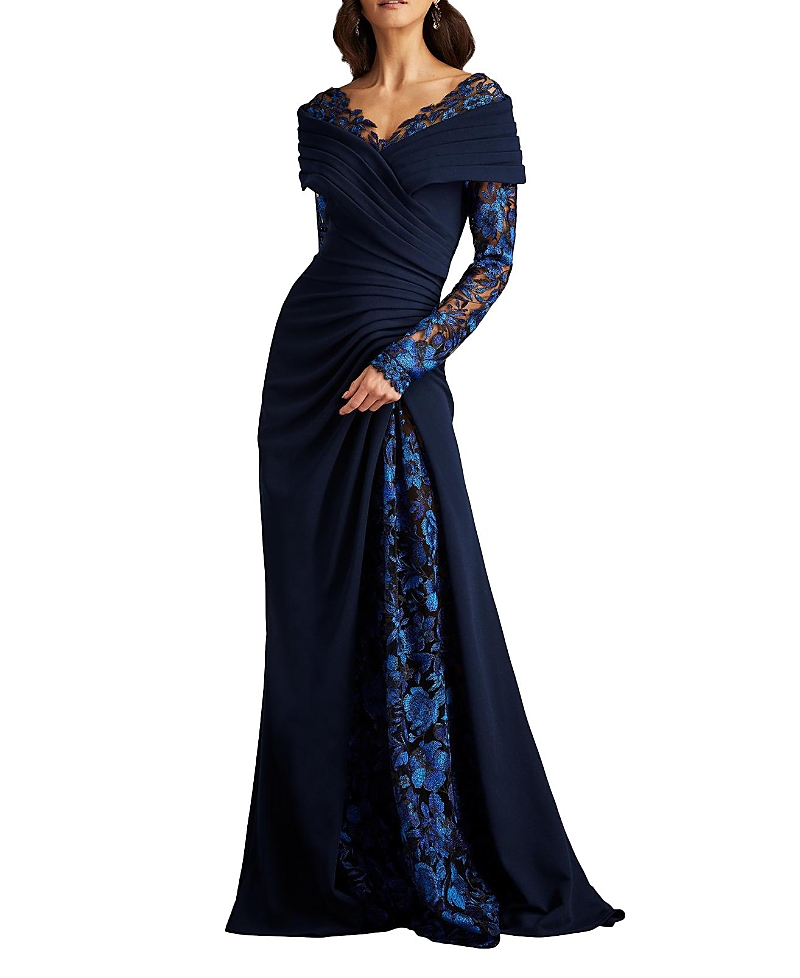 Tadashi Shoji Basel Pleated Crepe Illusion Gown In Midnight