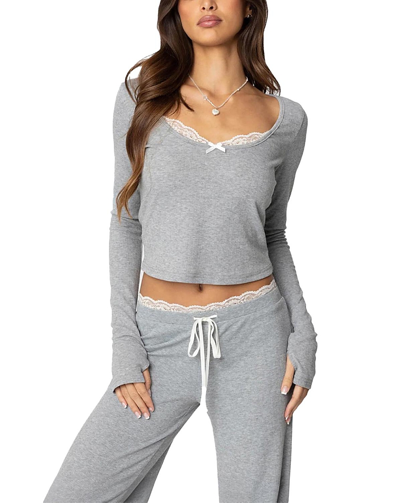 EDIKTED PEEKABOO LACE LONG SLEEVE TOP