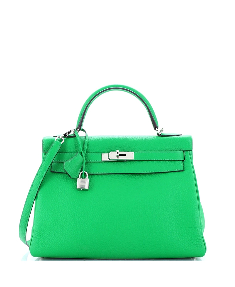 Pre-owned Pre-owned Hermes Hermes Hermes Kelly 32 Handbag Green Clemence With Palladium Hardware In Bamboo