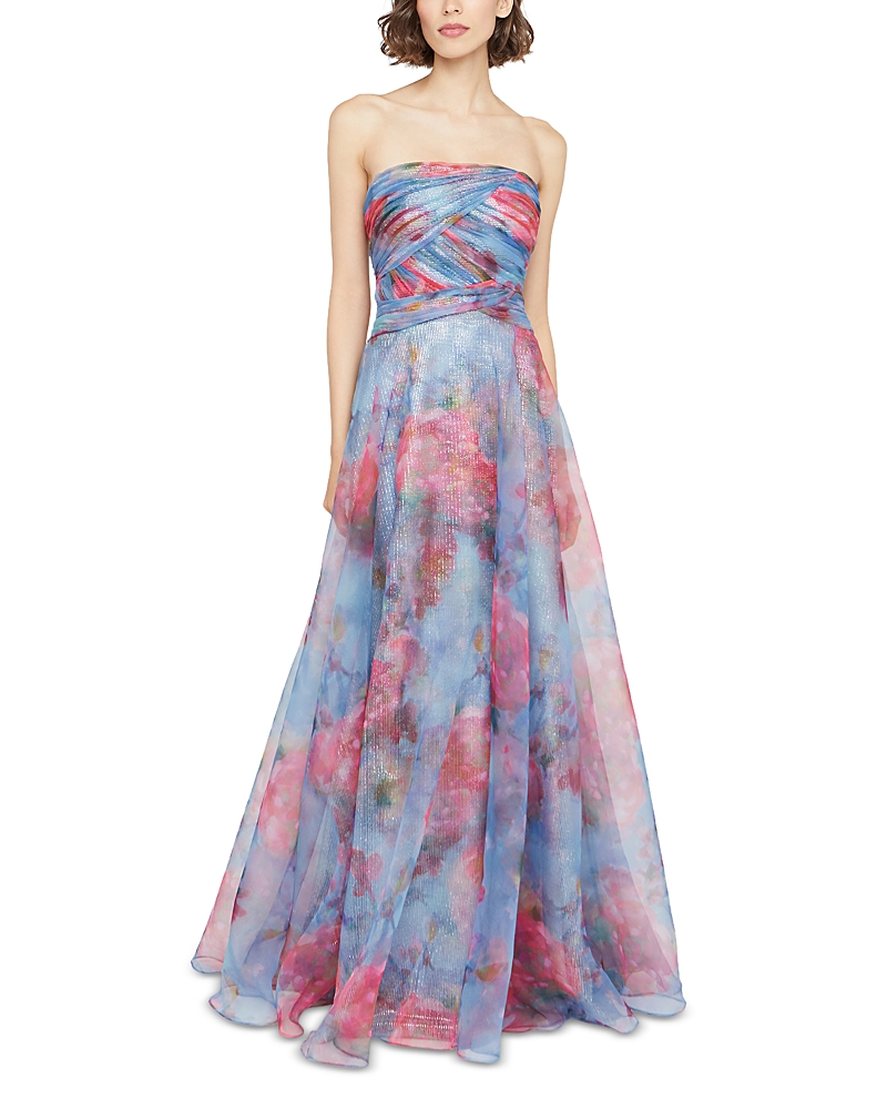 Theia Giselle Strapless Metallic Organza Gown In Arctic Floral