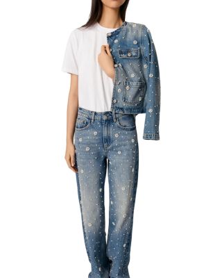 Embellished High Rise Wide Leg Jeans in Blue