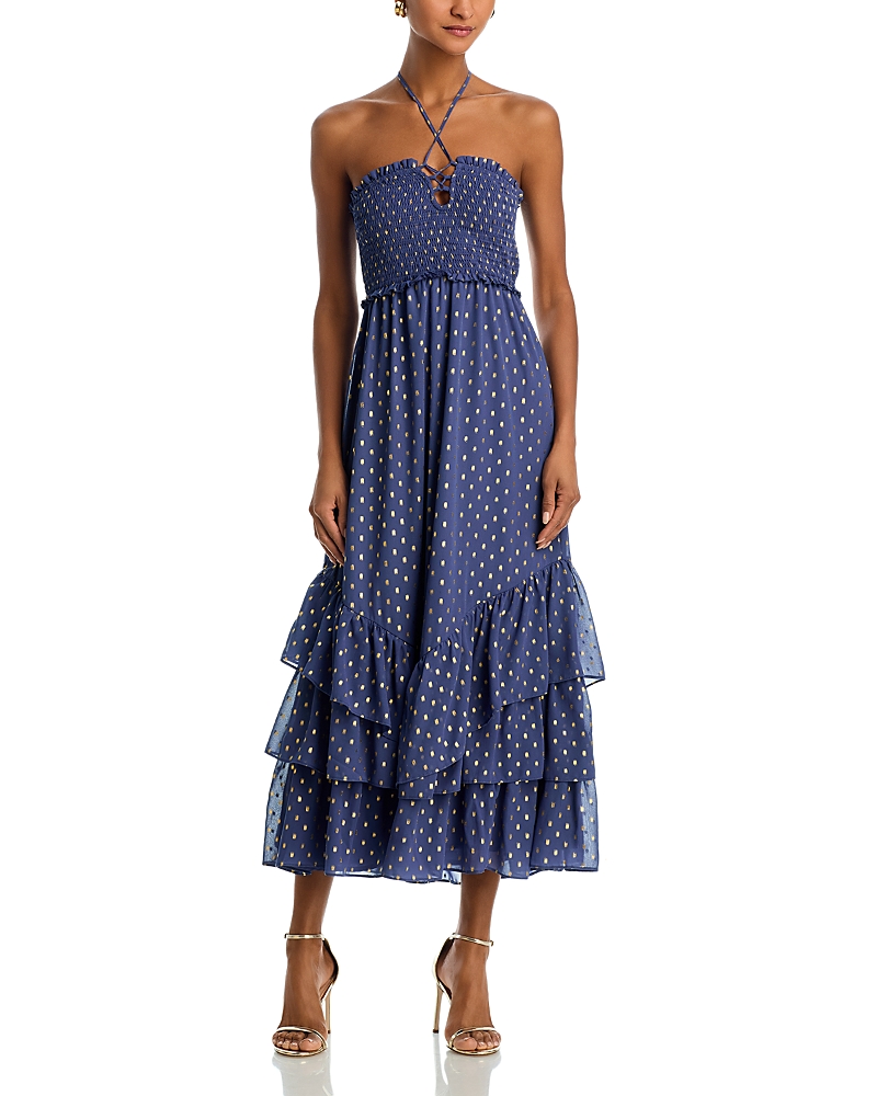 Aqua Metallic Ruffled Halter Neck Maxi Dress - Exclusive In Slate Blue
