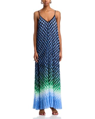 Printed Deep V Neck Pleated Maxi Dress