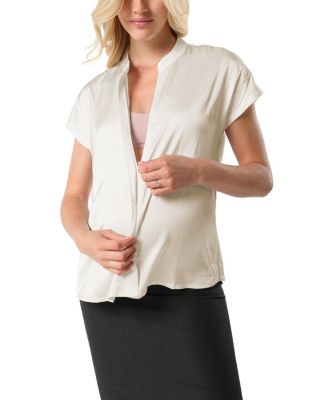 Women&#39;s Short Sleeve Satin Maternity Shell Top with Concealed Nursing Zip