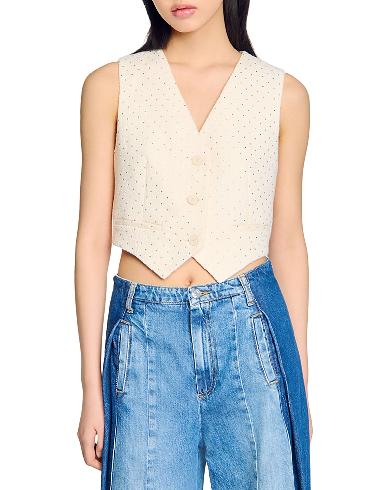 Sandro Rhinestone Tweed Jacket In Ecru