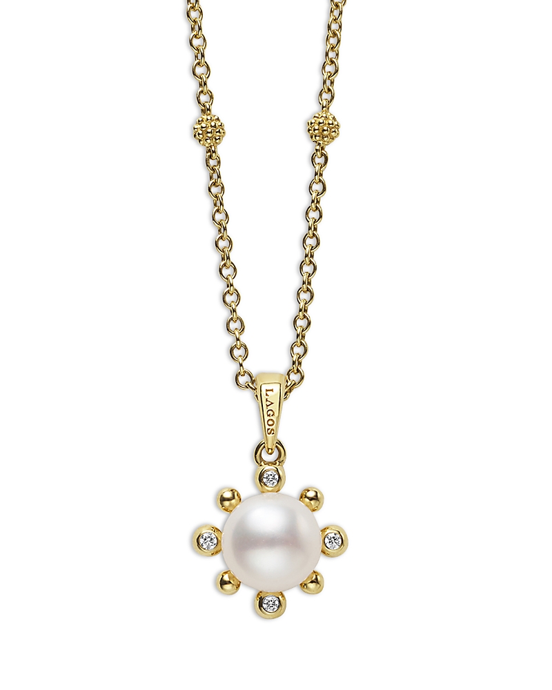 Lagos 18k Yellow Gold Luna Cultured Pearl & Diamond Fleur Pendant Necklace, 16-18 In Gold