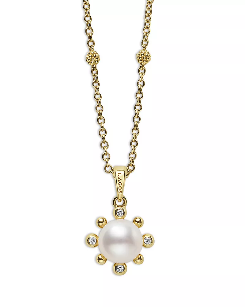 Lagos 18K Yellow Gold Luna Cultured Pearl & Diamond Fleur Pendant Necklace, 16