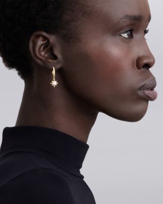 18K Yellow Gold Luna Cultured Pearl Fleur Charm Diamond Hoop Earrings