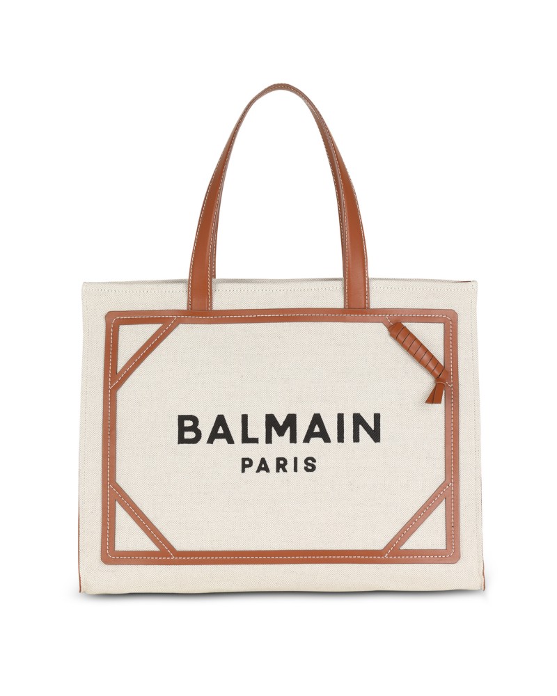 Balmain Women's B-Army 42 Canvas Tote Bag with Leather Details in Beige