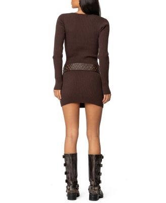 Ribbed Knit V Neck Mini Dress
