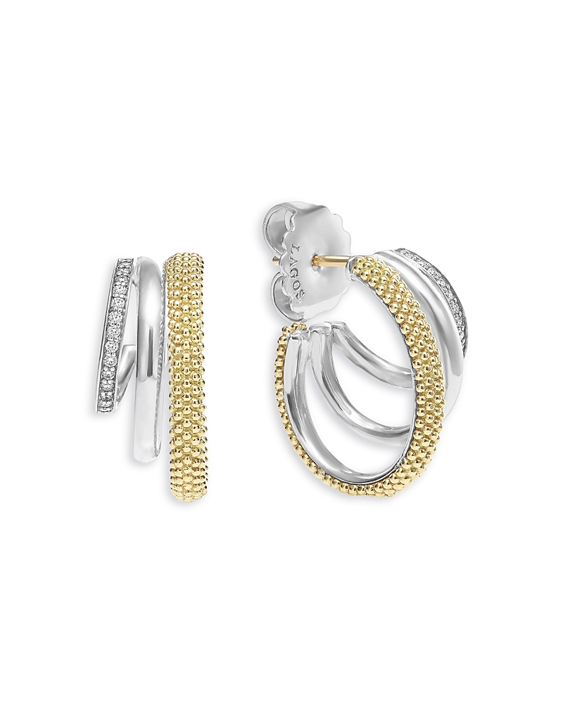 Lagos Two Tone Caviar Lux Three Ring Diamond Hoop Earrings, 0.16 Ct. T. W. In Silver