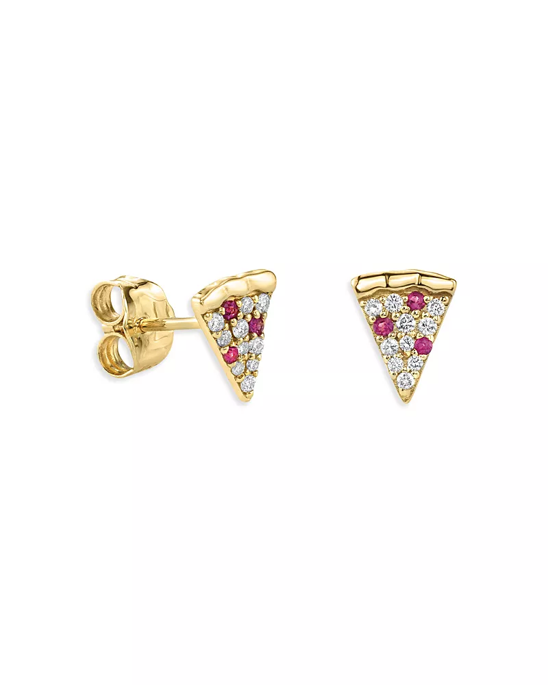 Sydney Evan 14k Yellow Gold Ruby & Diamond Pizza Slice Single Stud Earring