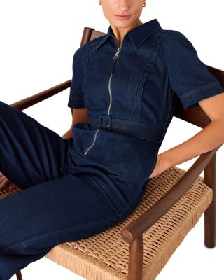 Denim Pintuck Belted Jumpsuit