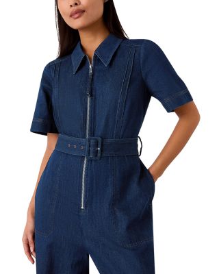 Petites Denim Pintuck Belted Jumpsuit