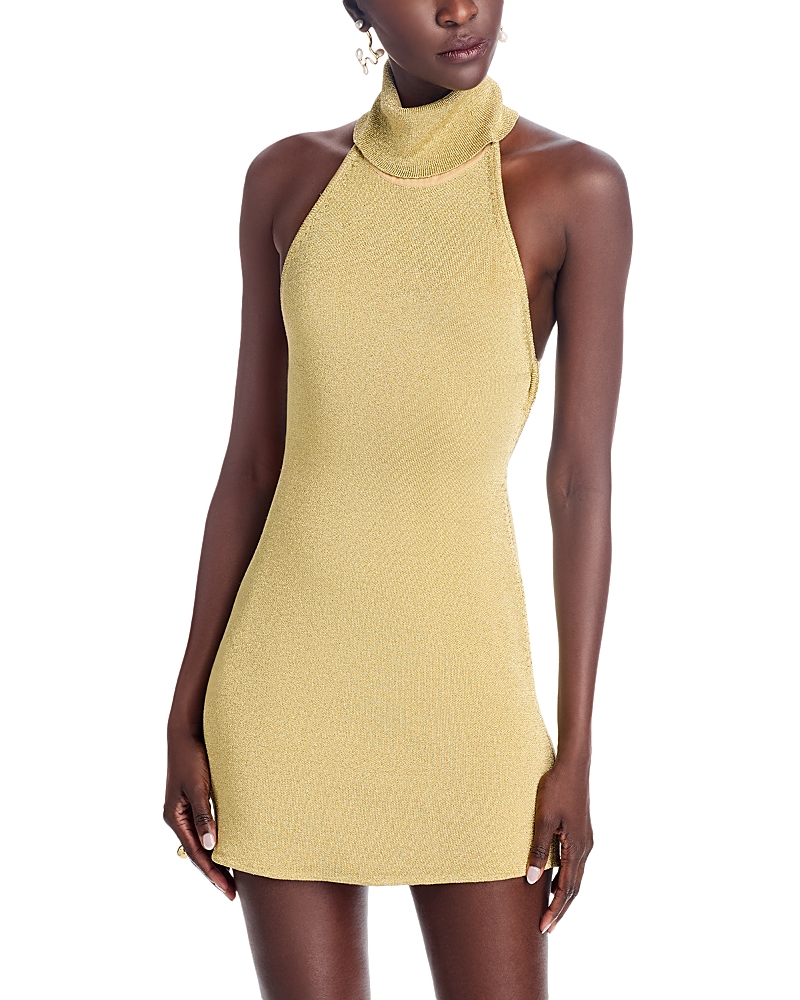 Cult Gaia Kaylilah Metallic Knitted Open-back Turtleneck Mini Dress In Gold