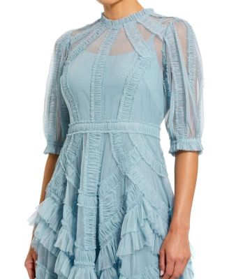 High Neck Puff Sleeve Ruffle Tiered Dress