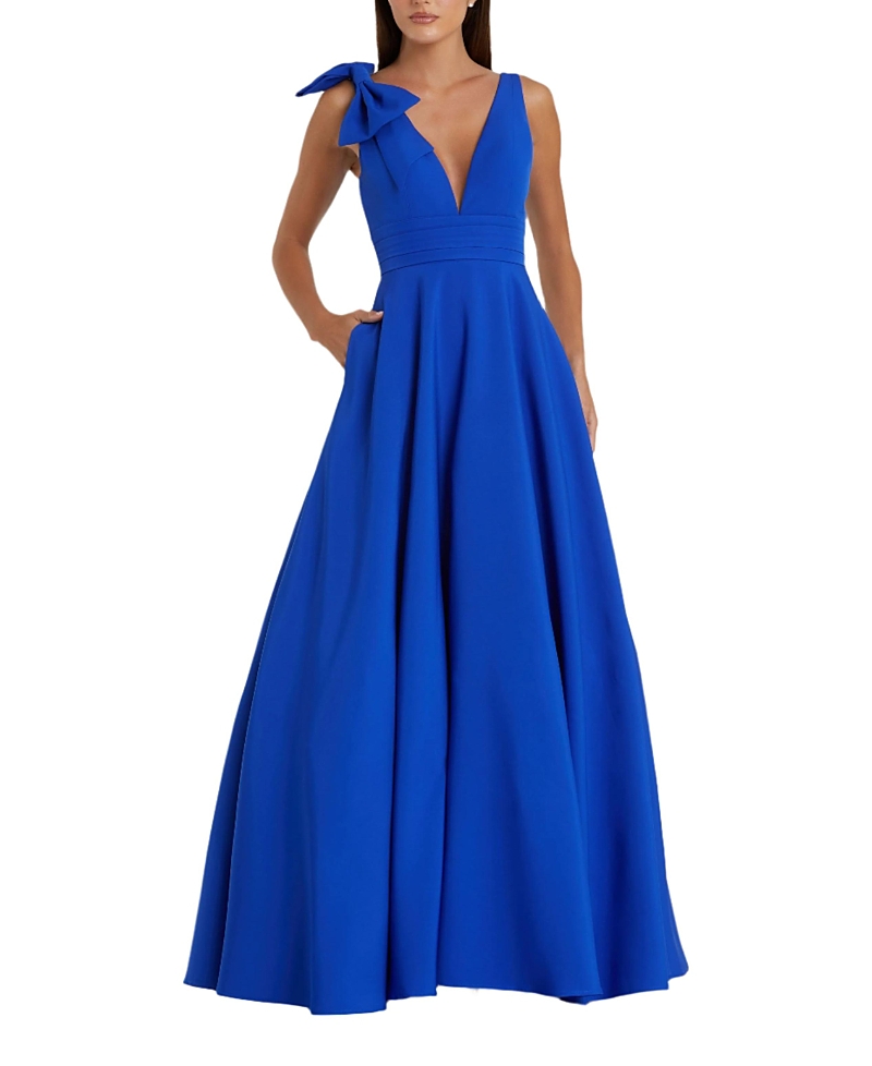 Mac Duggal Crepe Sleeveless V Neck Ballgown With Bow In Cobalt