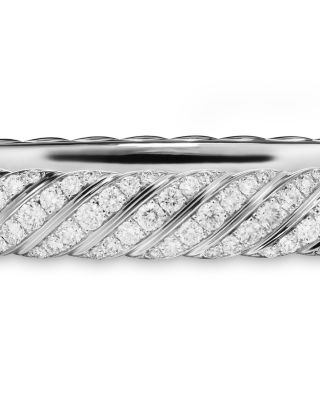 Sculpted Cable Bangle Bracelet in 18K White Gold with Diamonds, 8mm Description