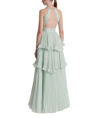 High Neck Chiffon Tiered Gown with Cut Out