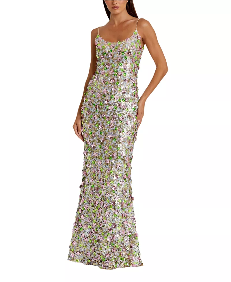 Mac Duggal Sleeveless Floral Paulette Embellished Mesh Gown