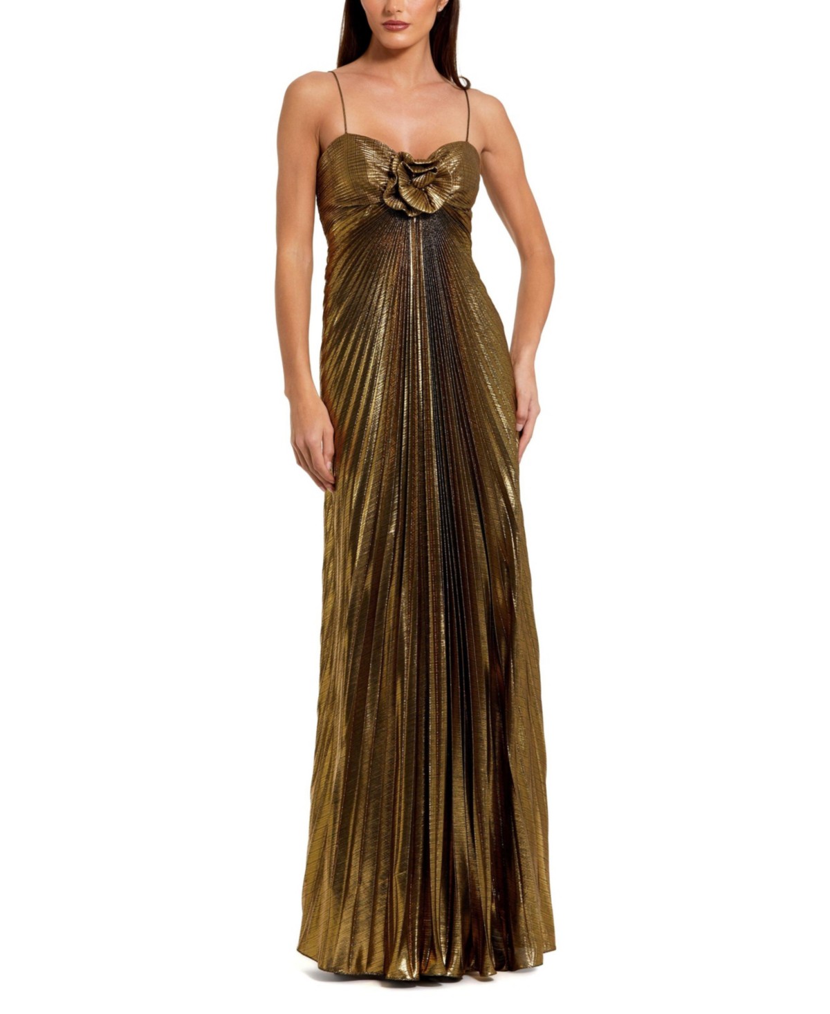 Thin Strap Pleated Metallic Gown with 3D Flower