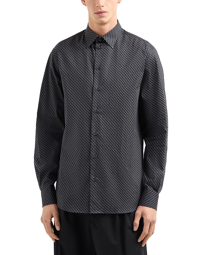 Emporio Armani Stretch Rectangle Geometric Regular Fit Button Down Shirt In Taupe