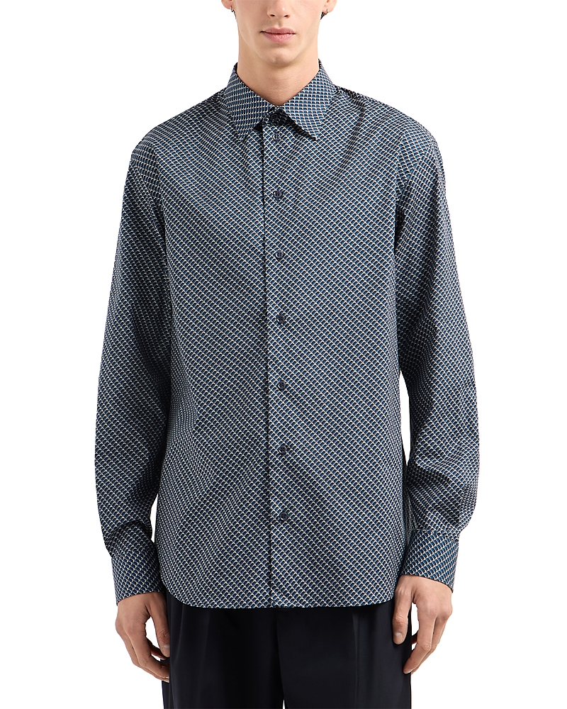 Emporio Armani Stretch Rectangle Geometric Regular Fit Button Down Shirt In Blue